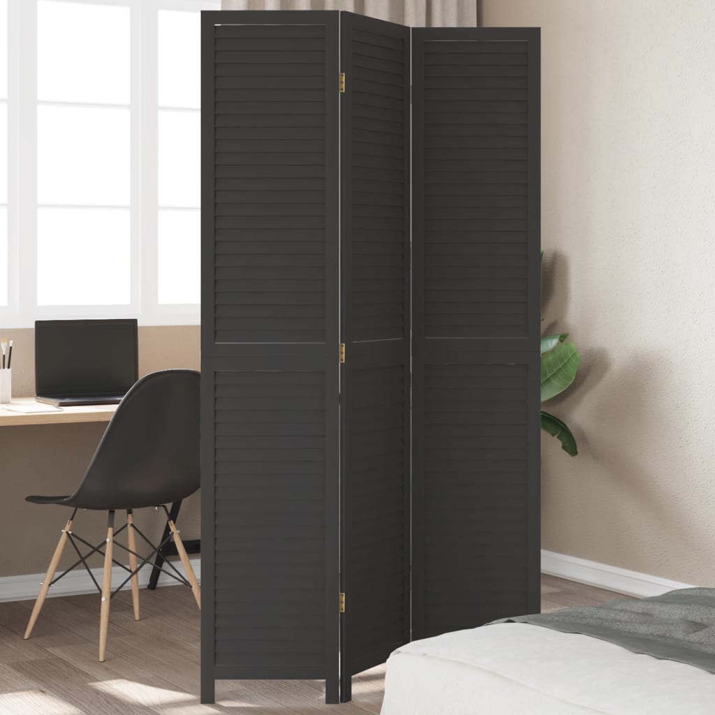 Room Divider 3 Panels Black Solid Wood Paulownia